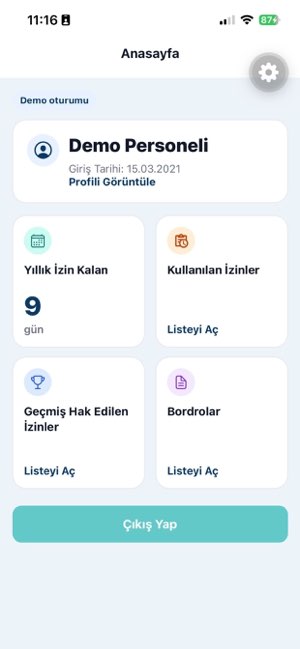 Momento Mobil anasayfası: yıllık izin bakiyesi, kullanılan izinler ve bordrolar